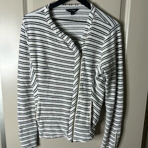LUCKY BRAND Asym Zip Ivory Blue Striped French Terry Zip Pockets & Cuffs Jacket